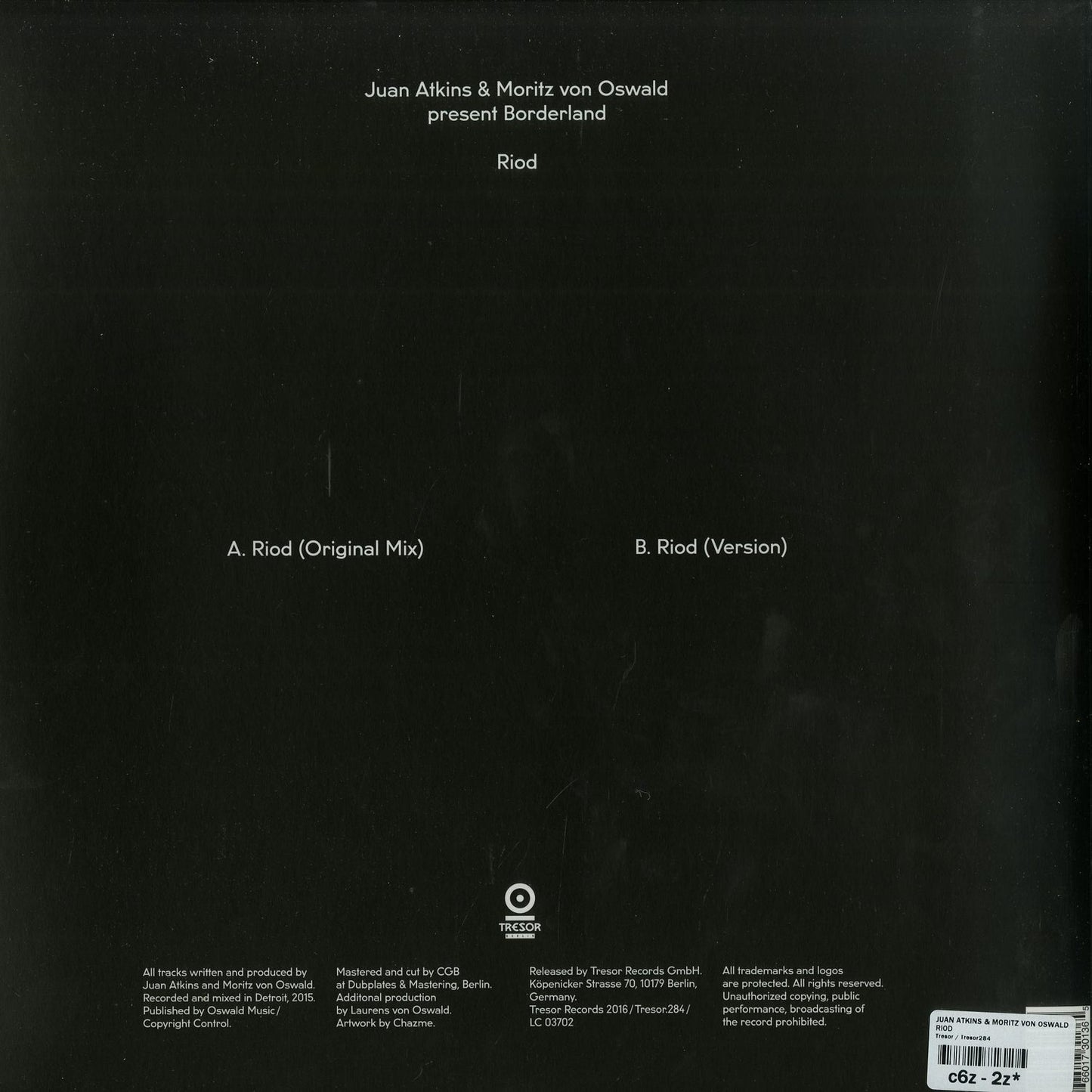 Back of second hand vinyl record Borderland by Juan Atkins and Moritz von Oswald, featuring artwork and label details.