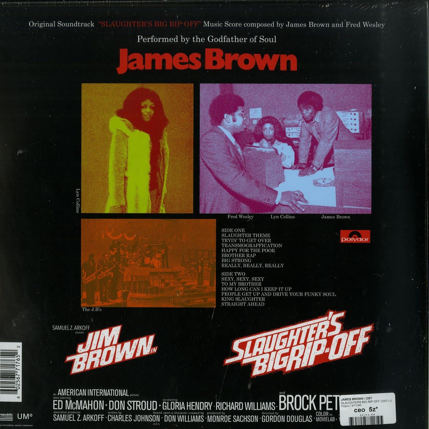 Back of Second Hand vinyl record for James Brown’s "Slaughter's Big Rip-Off" album, featuring album artwork and text.