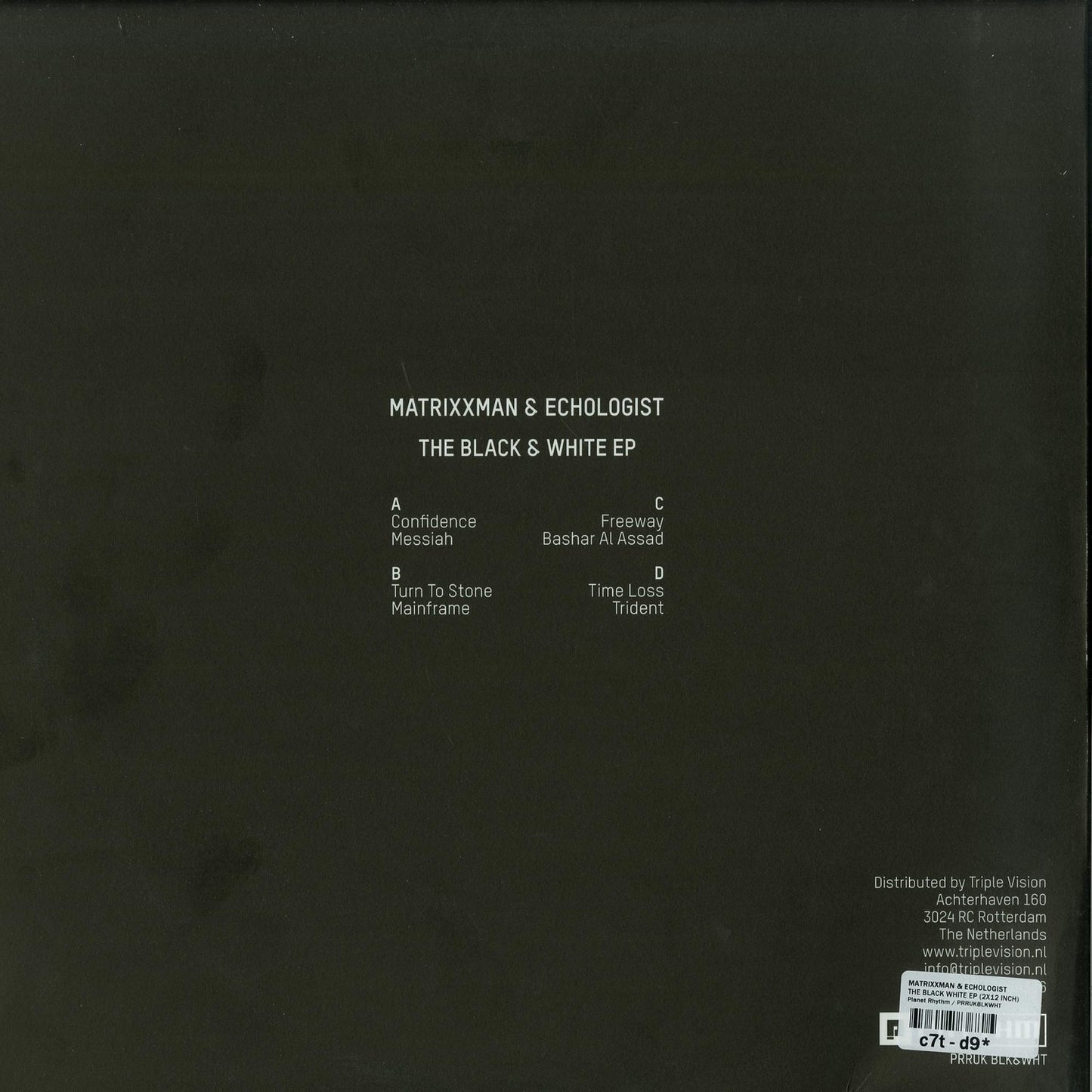 Black and white vinyl record of Matrixxman & Echologist's The Black & White EP by Space Cadets, with the record and cover visible.