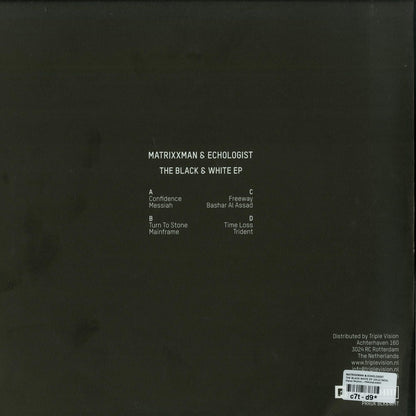 Black and white vinyl record of Matrixxman & Echologist's The Black & White EP by Space Cadets, with the record and cover visible.