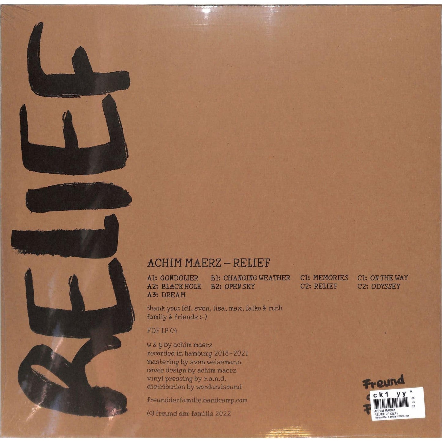 Back cover of ACHIM MAERZ Relief vinyl record by Word and Sound, featuring artwork and track details.