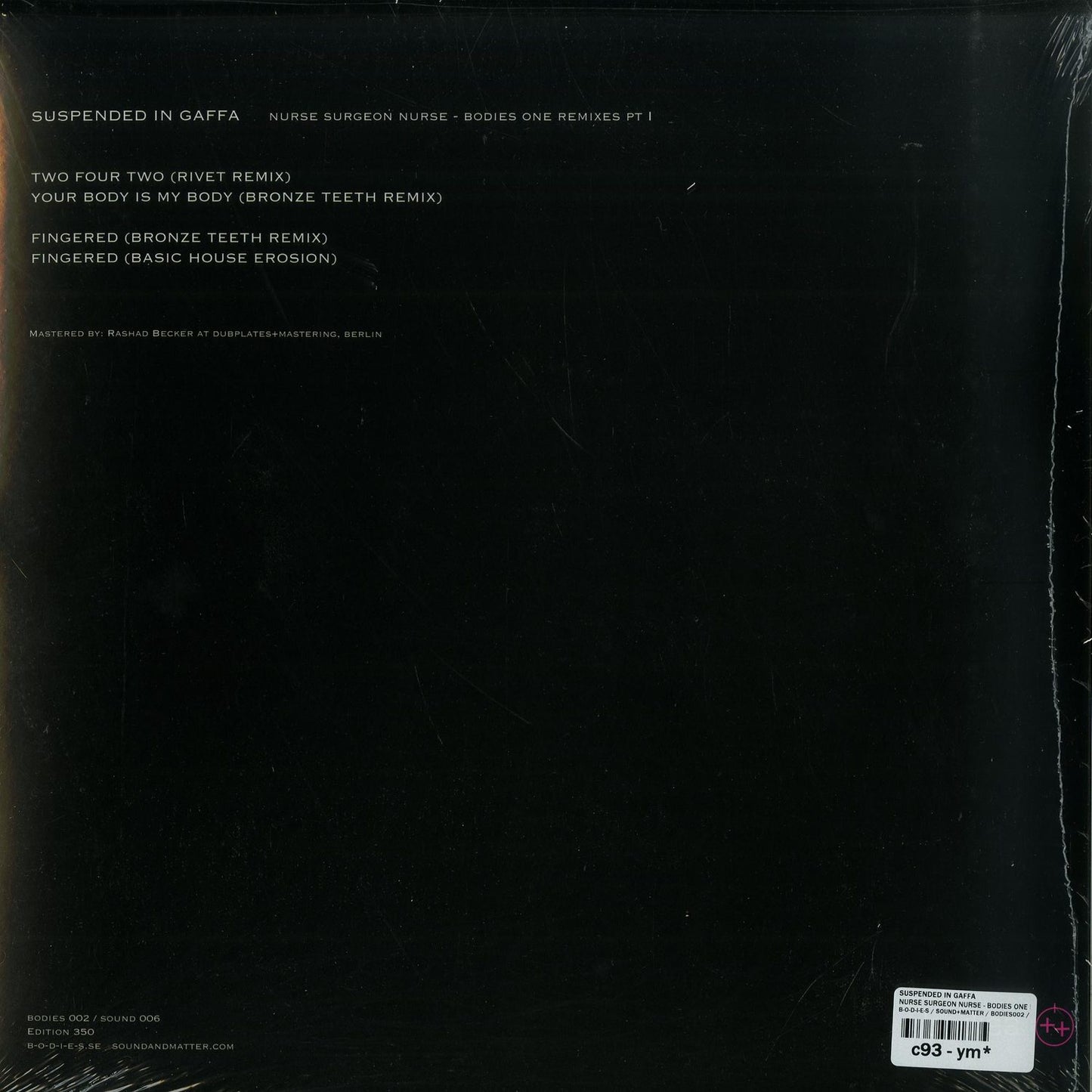 Back cover of Second Hand vinyl record "Suspended in Gaffa, Rivet" by Basic House, featuring bronze teeth artwork and track details.