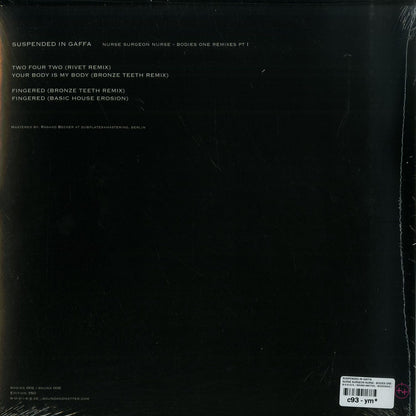 Back cover of Second Hand vinyl record "Suspended in Gaffa, Rivet" by Basic House, featuring bronze teeth artwork and track details.