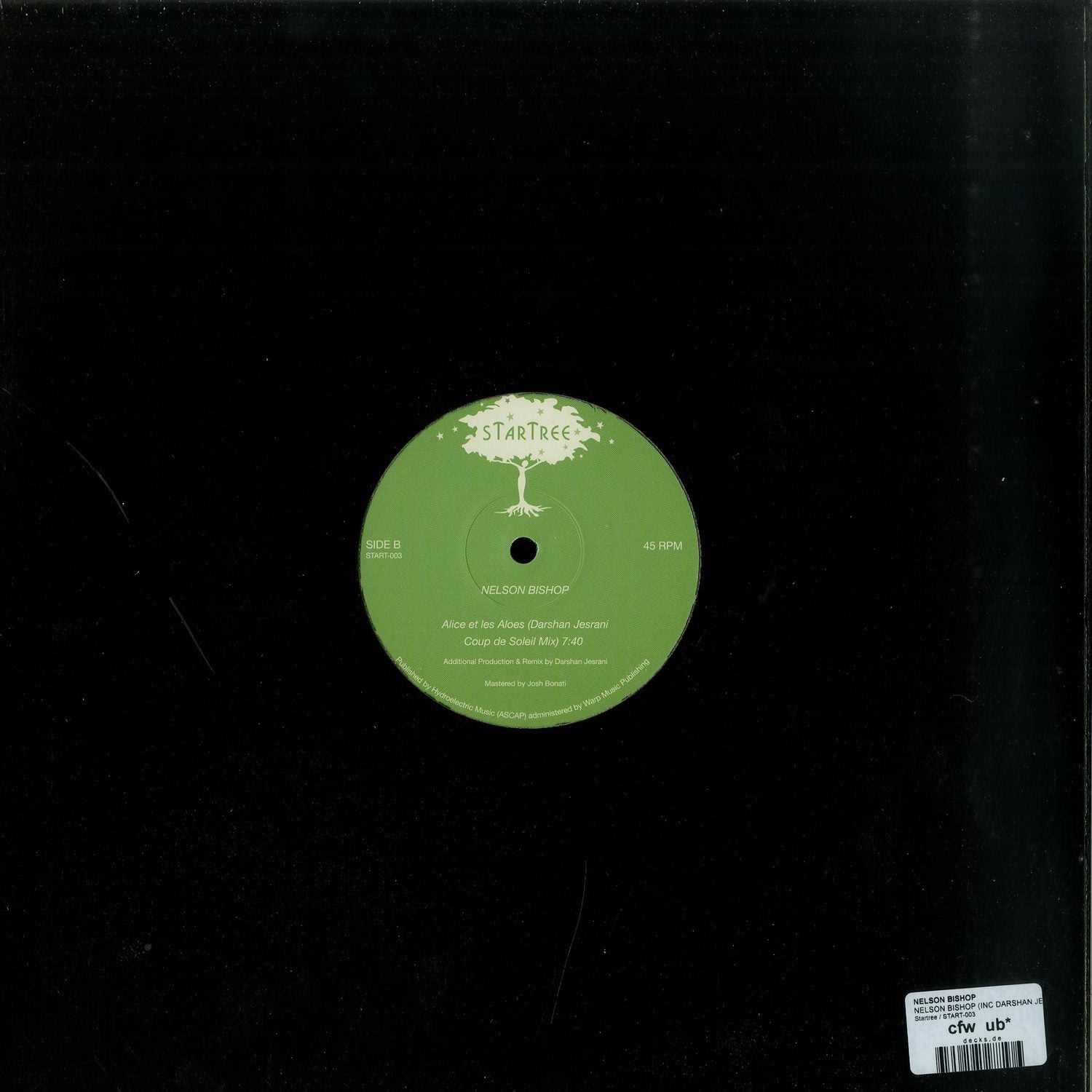 Decks vinyl record of Nelson Bishop and Darshan Jesrani's "Alice et les Aloès" featuring colorful album artwork on the back cover.