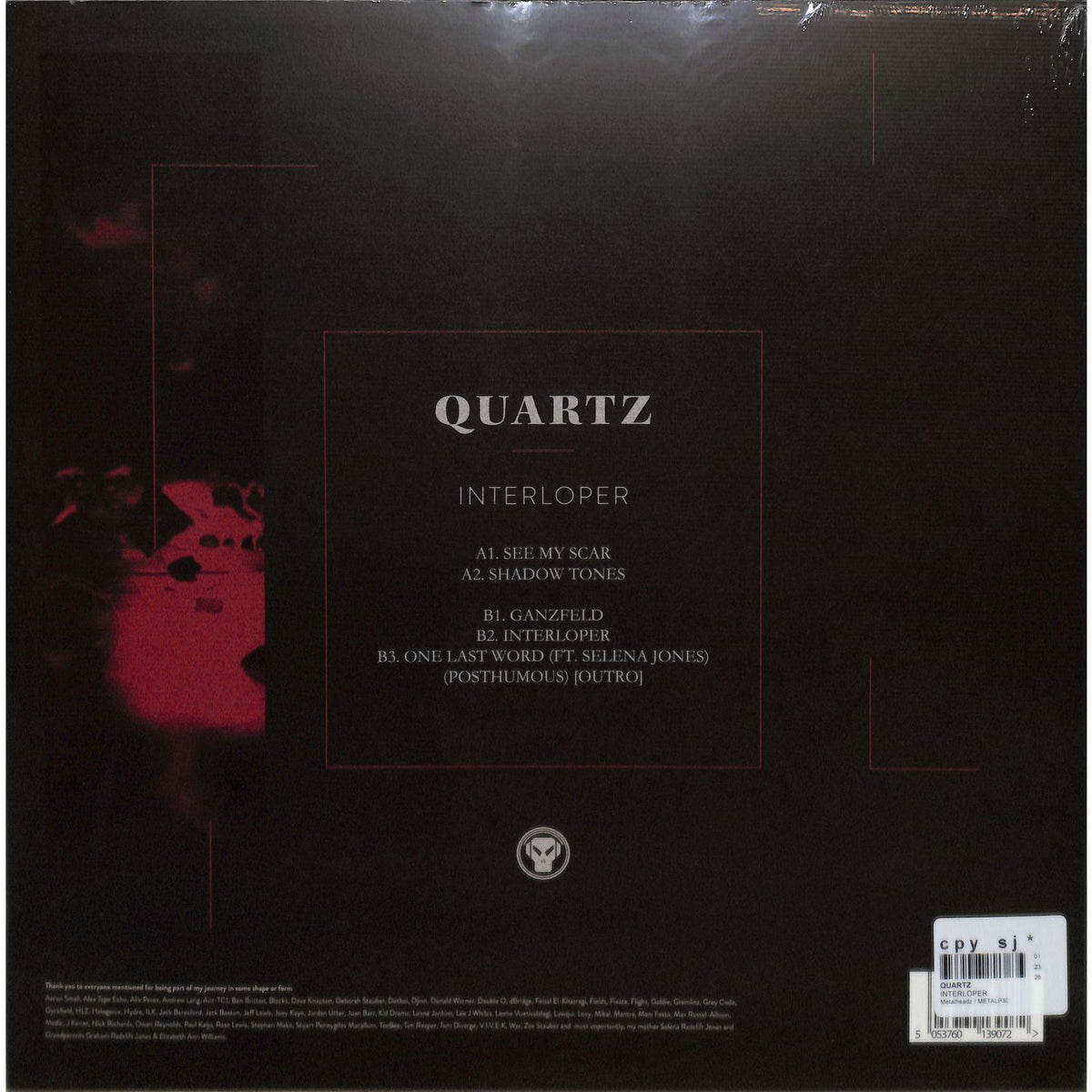 Vinyl record titled "Interloper" by Quartz, from Word and Sound, showing the back cover art with abstract design.