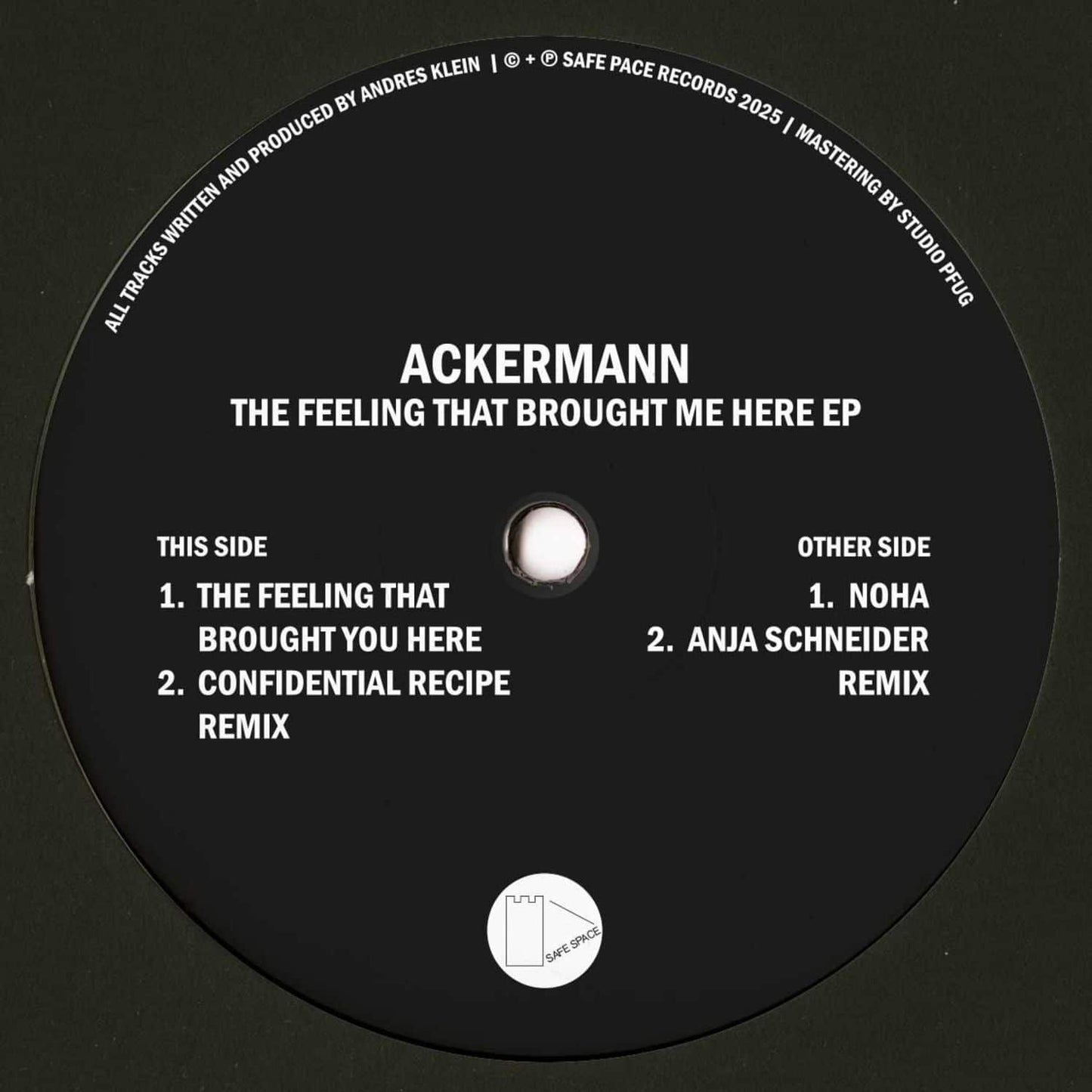 Decks vinyl record of ACKERMANN's "Confidential Recipe" from Anja Schneider's "The Feeling That Brought Me Here" EP, with back cover art.