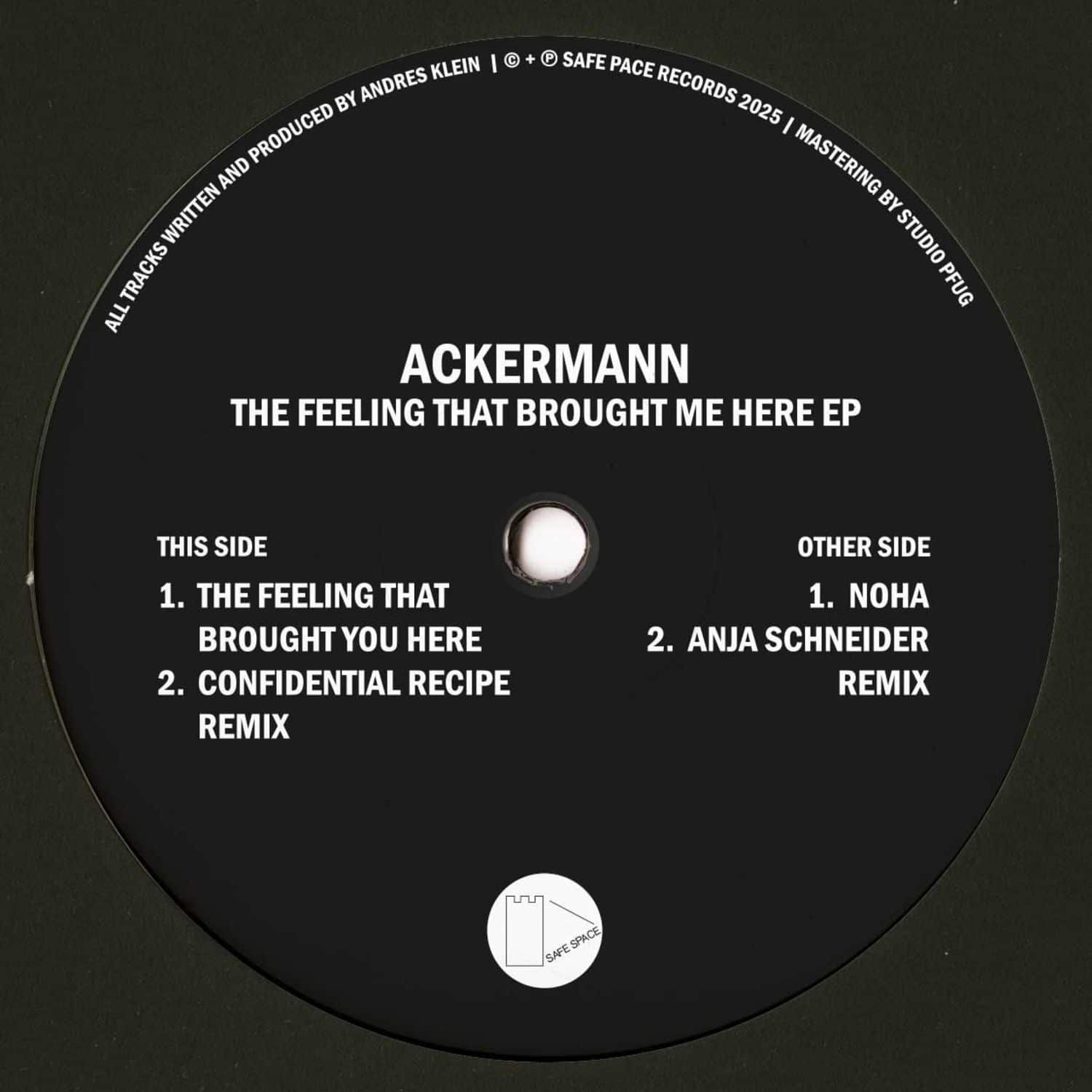 Decks vinyl record of ACKERMANN's "Confidential Recipe" from Anja Schneider's "The Feeling That Brought Me Here" EP, with back cover art.