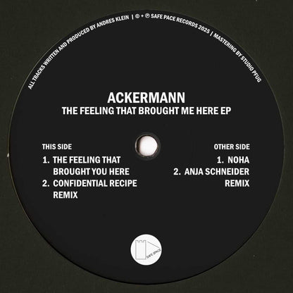 Decks vinyl record of ACKERMANN's "Confidential Recipe" from Anja Schneider's "The Feeling That Brought Me Here" EP, with back cover art.