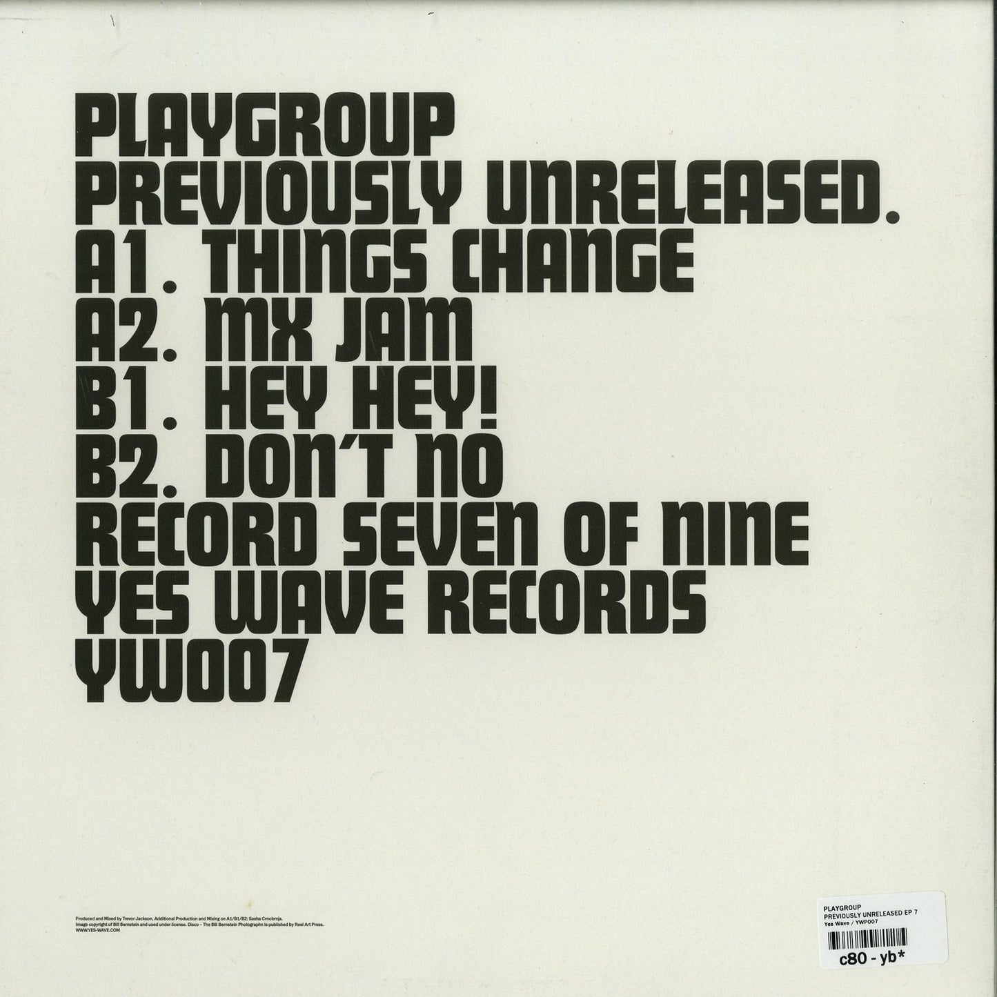 Decks PLAYGROUP Previously Unreleased EP 7 vinyl record with black and white label design, shown from the back side.