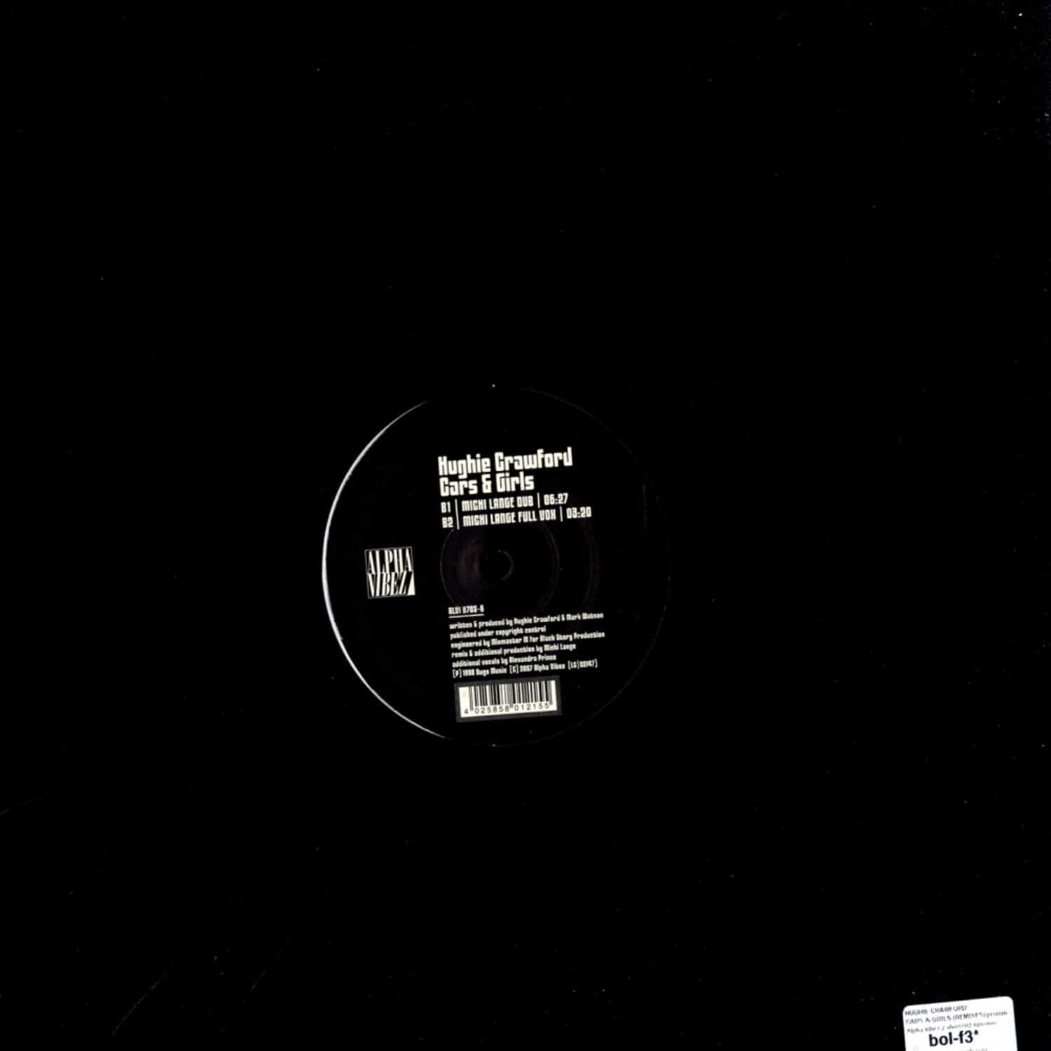Decks vinyl record of Hughie Crawford and Michi Lange's Cars & Girls remix, showing the back cover art with colorful design.
