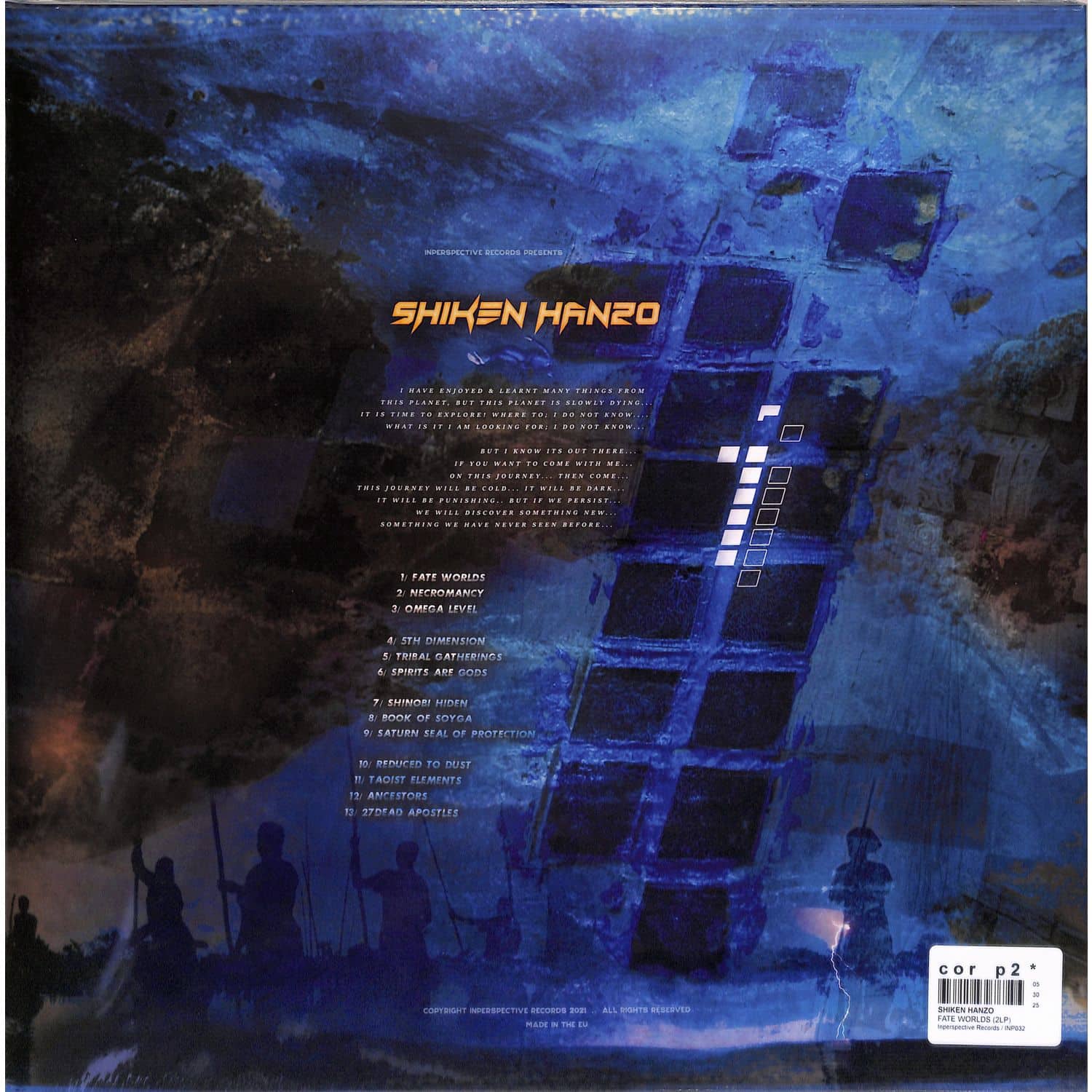 Back cover of Shiken Hanzo Fate Worlds vinyl record by Triple Vision featuring dark, artistic album artwork and track details.