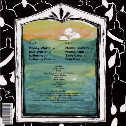 Back cover of Marijah Jah Embassy Take Care vinyl record by Triple Vision, featuring colorful artwork and track details.