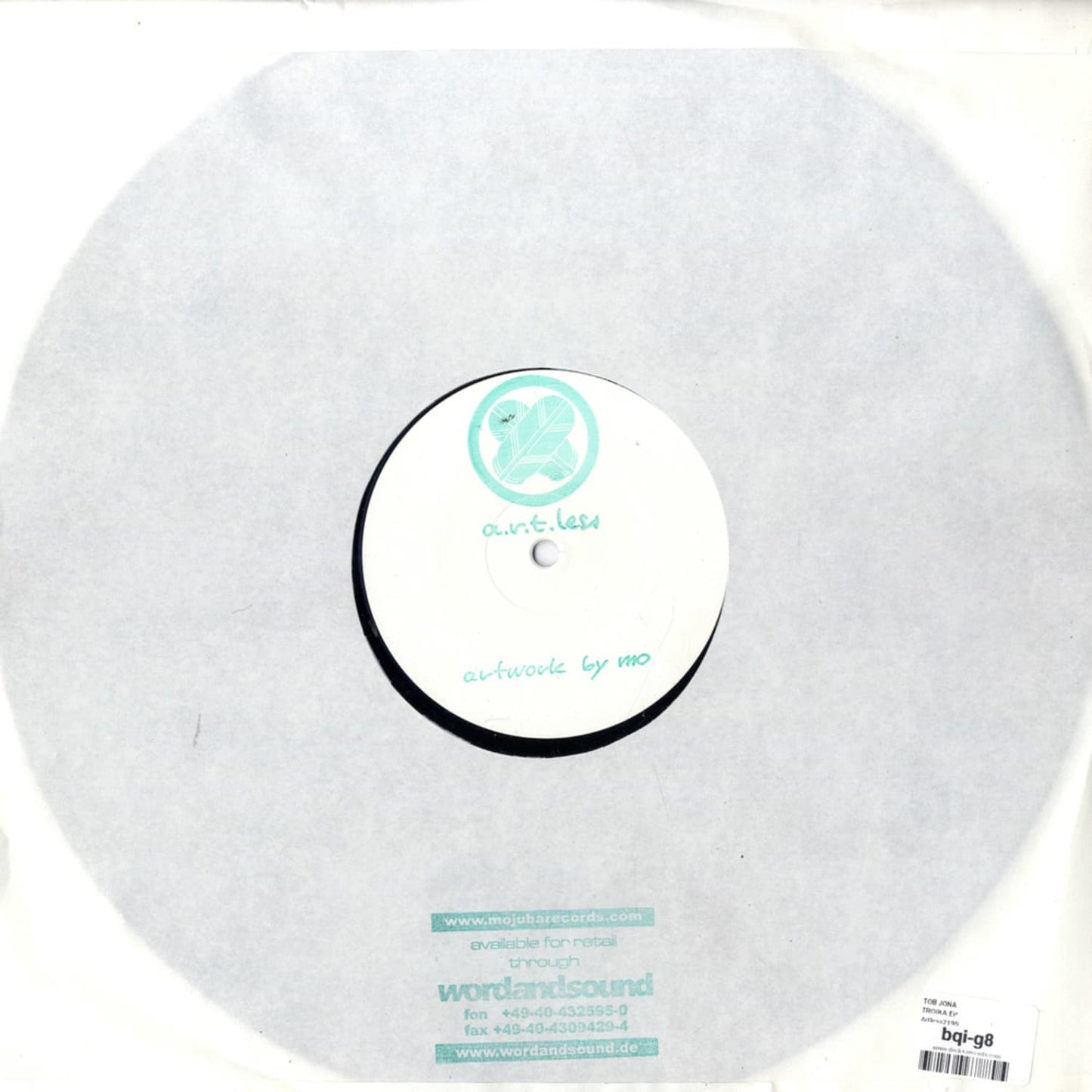 Back of Second Hand TOB JONA Troika EP vinyl record showing label side with album details and grooves in the black vinyl.