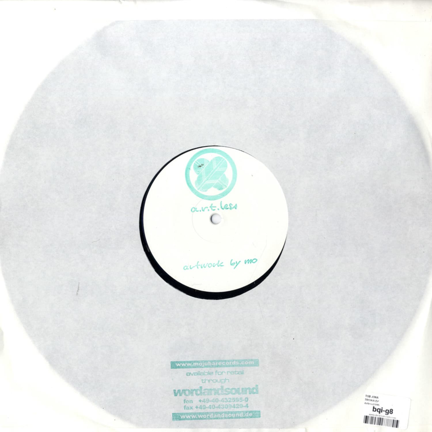 Back of Second Hand TOB JONA Troika EP vinyl record showing label side with album details and grooves in the black vinyl.