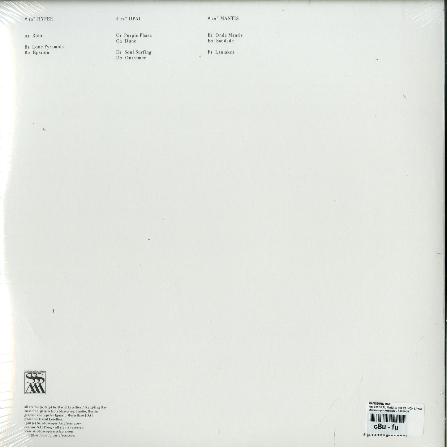 Back of Kangding Ray Hyper Opal Mantis vinyl record, showing the record's label and cover art details.