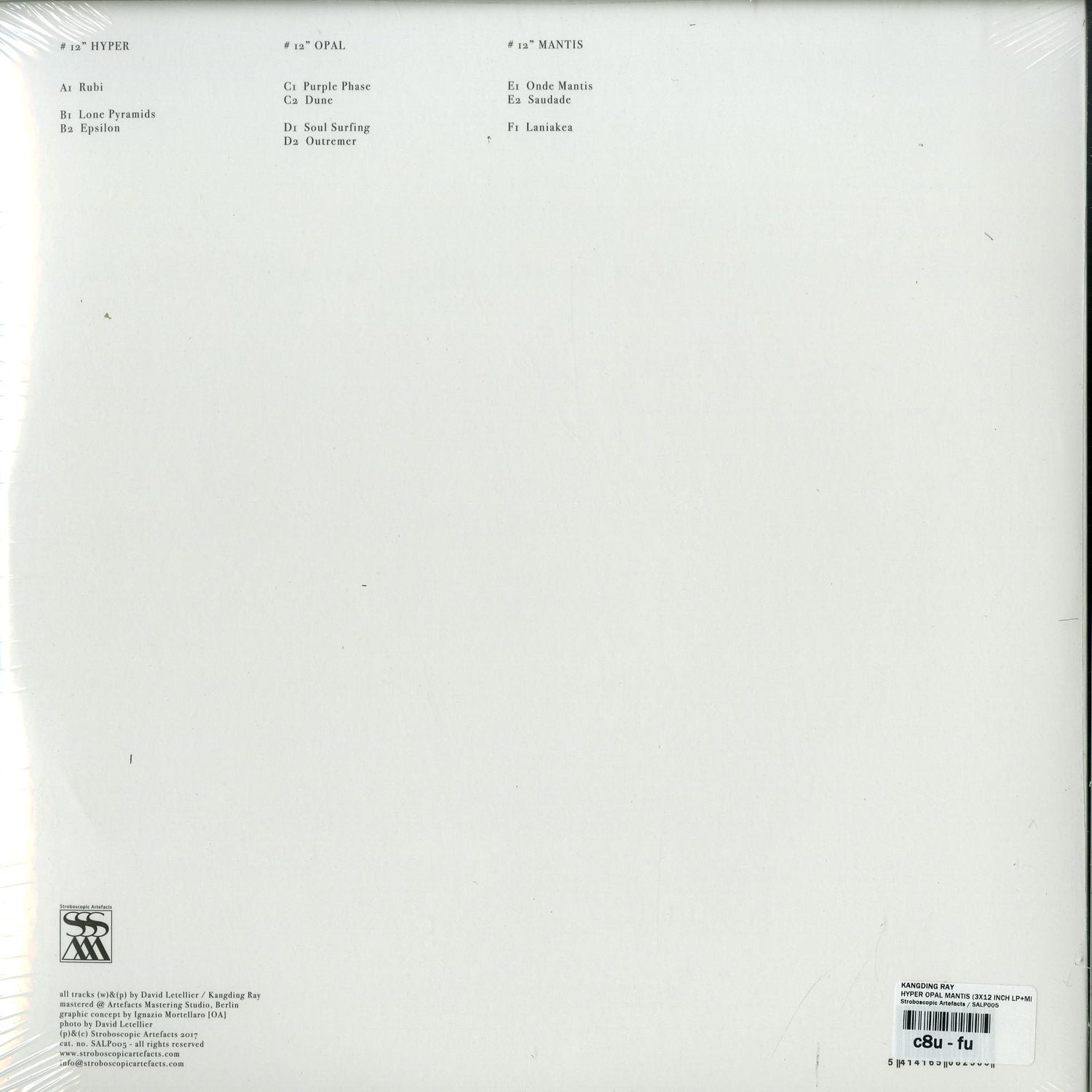 Back of Kangding Ray Hyper Opal Mantis vinyl record, showing the record's label and cover art details.