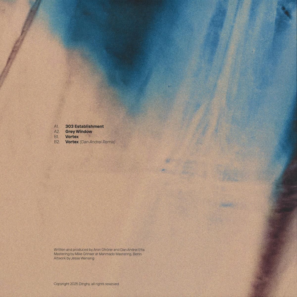 Vinyl Future's "Dinghy 004" vinyl record by Aron, Dan, and Andrei, showing the back cover with colorful abstract artwork.