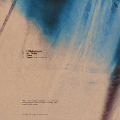 Vinyl Future's "Dinghy 004" vinyl record by Aron, Dan, and Andrei, showing the back cover with colorful abstract artwork.