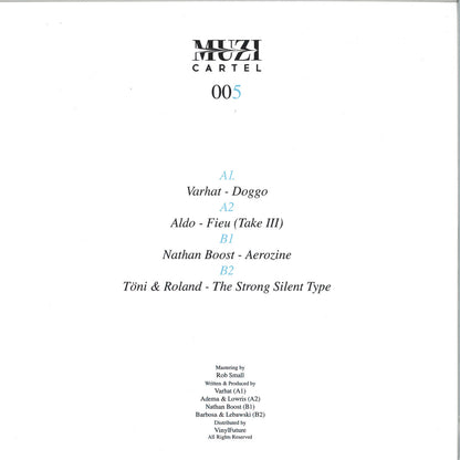 Back of Vinyl Future's Muzi Cartel 005 vinyl record featuring VARHAT, ALDO, NATHAN BOOST, TÖNI & ROLAND artwork and label details.