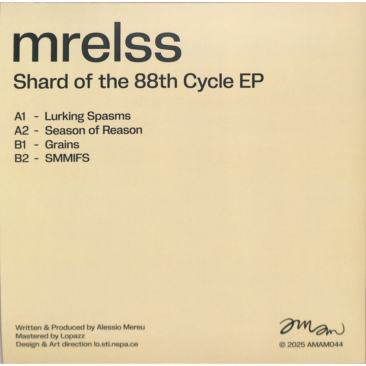 Yoyaku MRELSS Shard of the 88th Cycle EP vinyl record back cover featuring abstract artwork and track information.