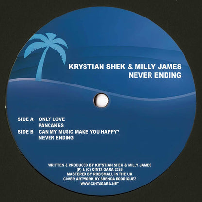 Decks vinyl record by Krystian Shek and Milly James titled Never Ending, showing the back cover with album artwork and track details.