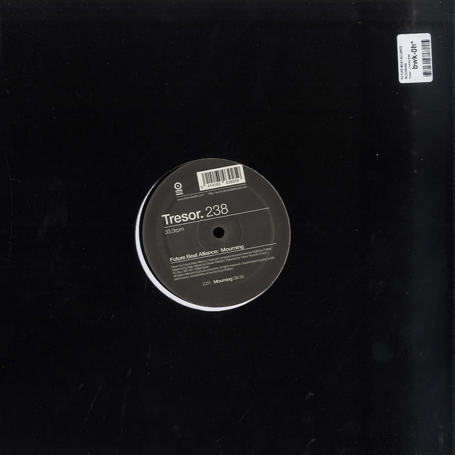 Second Hand FUTURE BEAT ALLIANCE – MOURNING vinyl record with black and white label, side view showing record grooves and cover edge.
