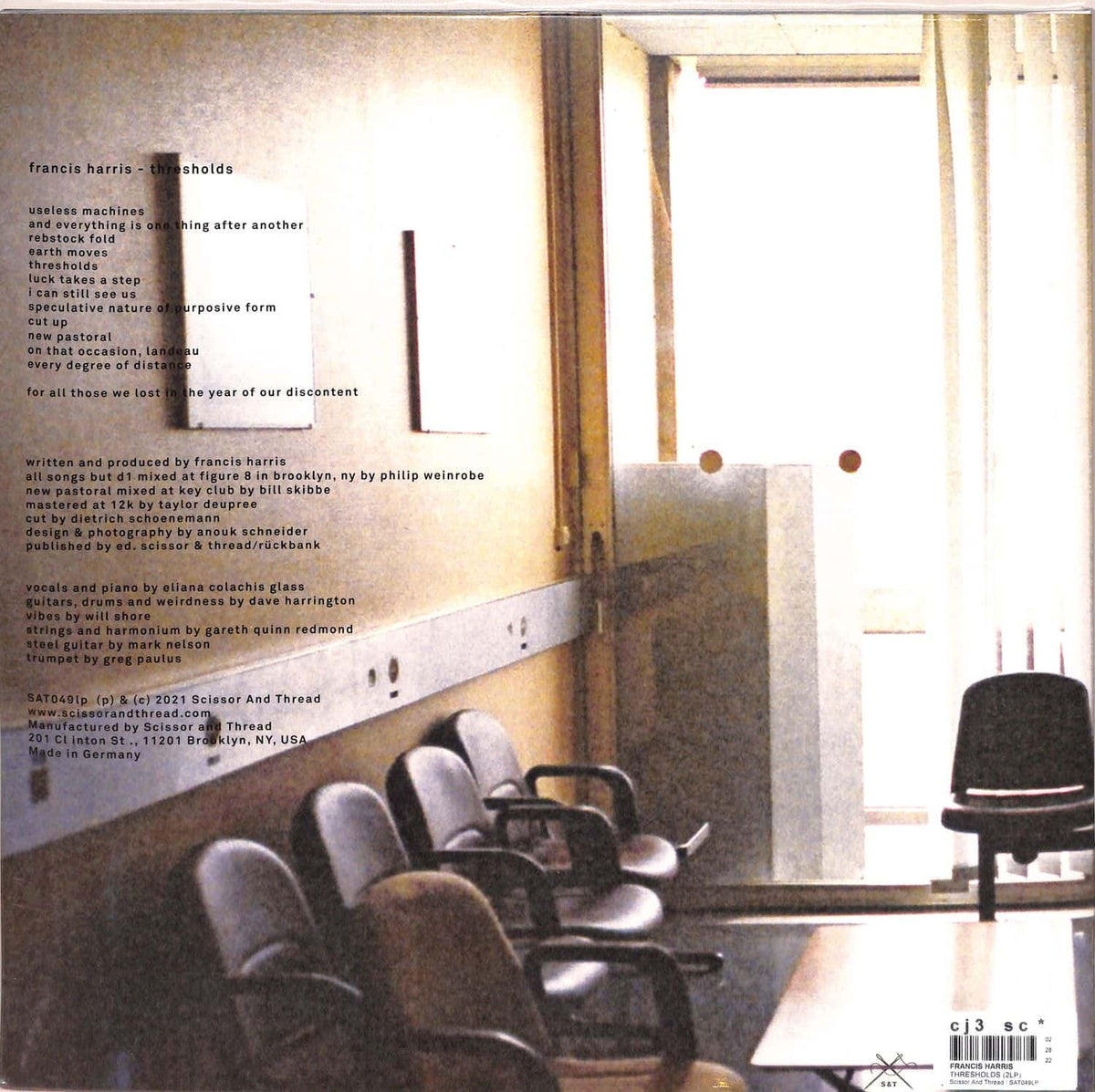 Back cover of Francis Harris Threshholds vinyl record by Word and Sound, featuring artwork and track details.