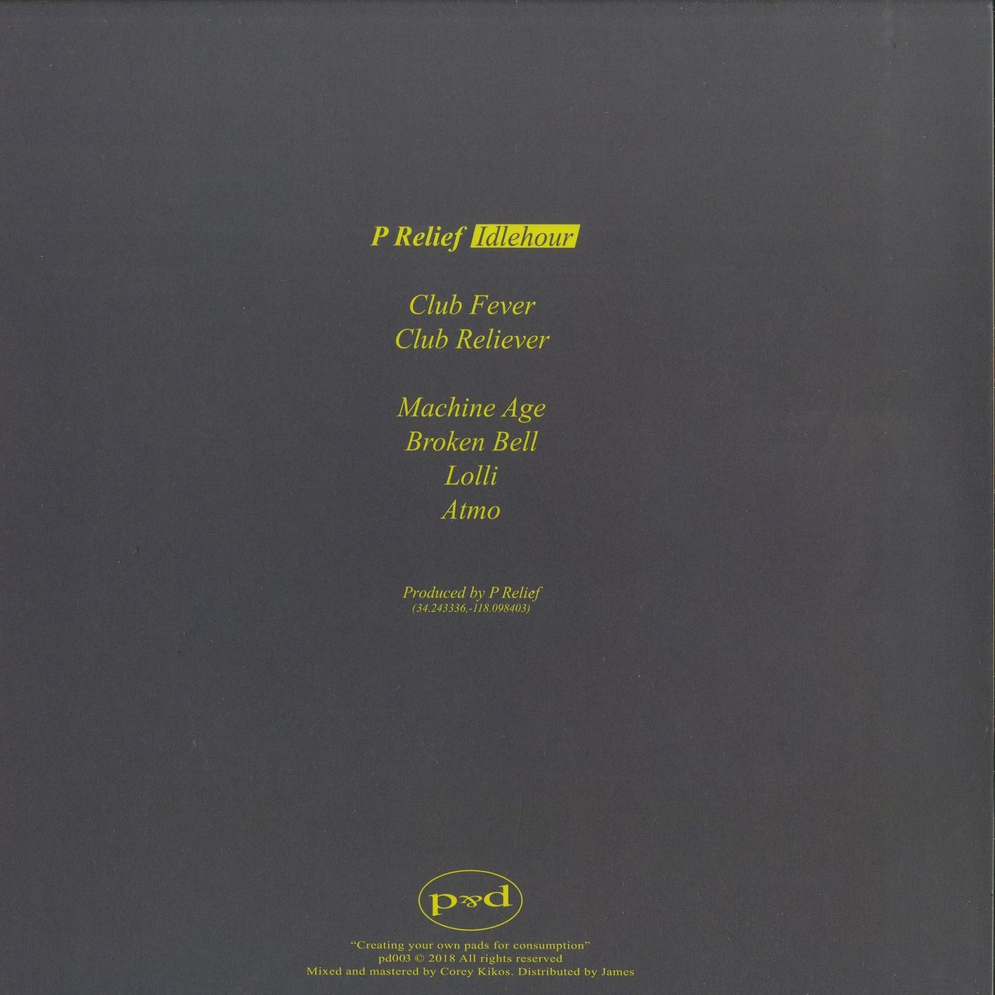 Second Hand P RELIEF vinyl record by IDLEHOUR, showing the back cover with artwork and track information.