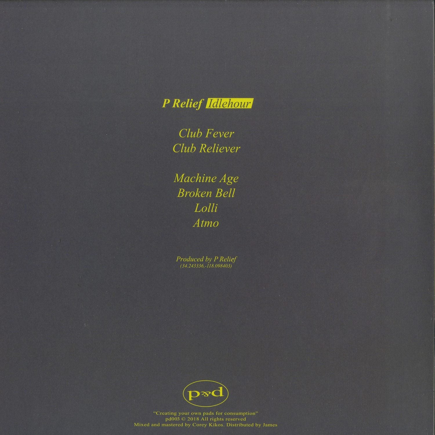 Second Hand P RELIEF vinyl record by IDLEHOUR, showing the back cover with artwork and track information.