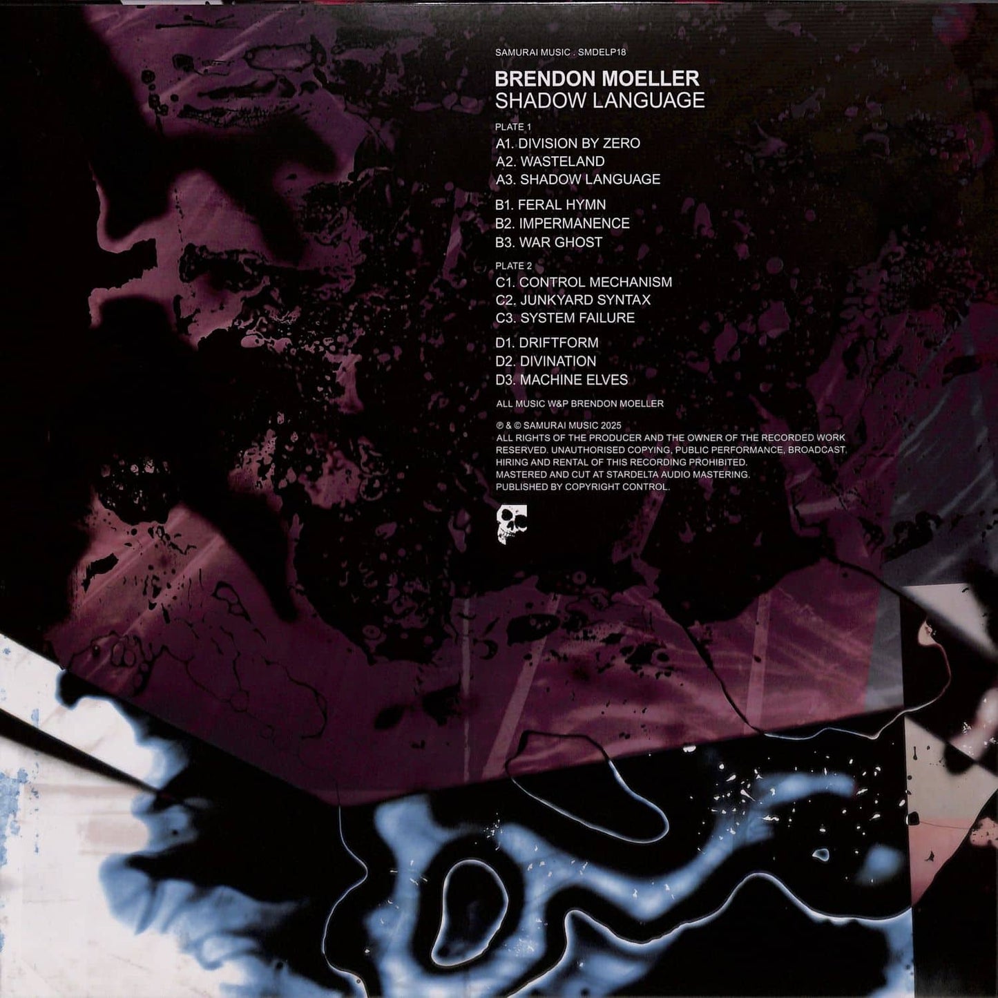 Triple Vision vinyl record of Brendon Moeller's Shadow Language, showcasing the back cover design.