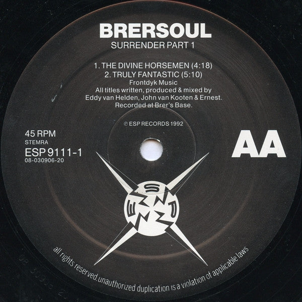 Second Hand vinyl record titled "Surrender Part 1" by BRERSOUL, showing the back cover with album artwork and track details.