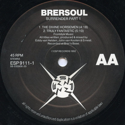 Second Hand vinyl record titled "Surrender Part 1" by BRERSOUL, showing the back cover with album artwork and track details.