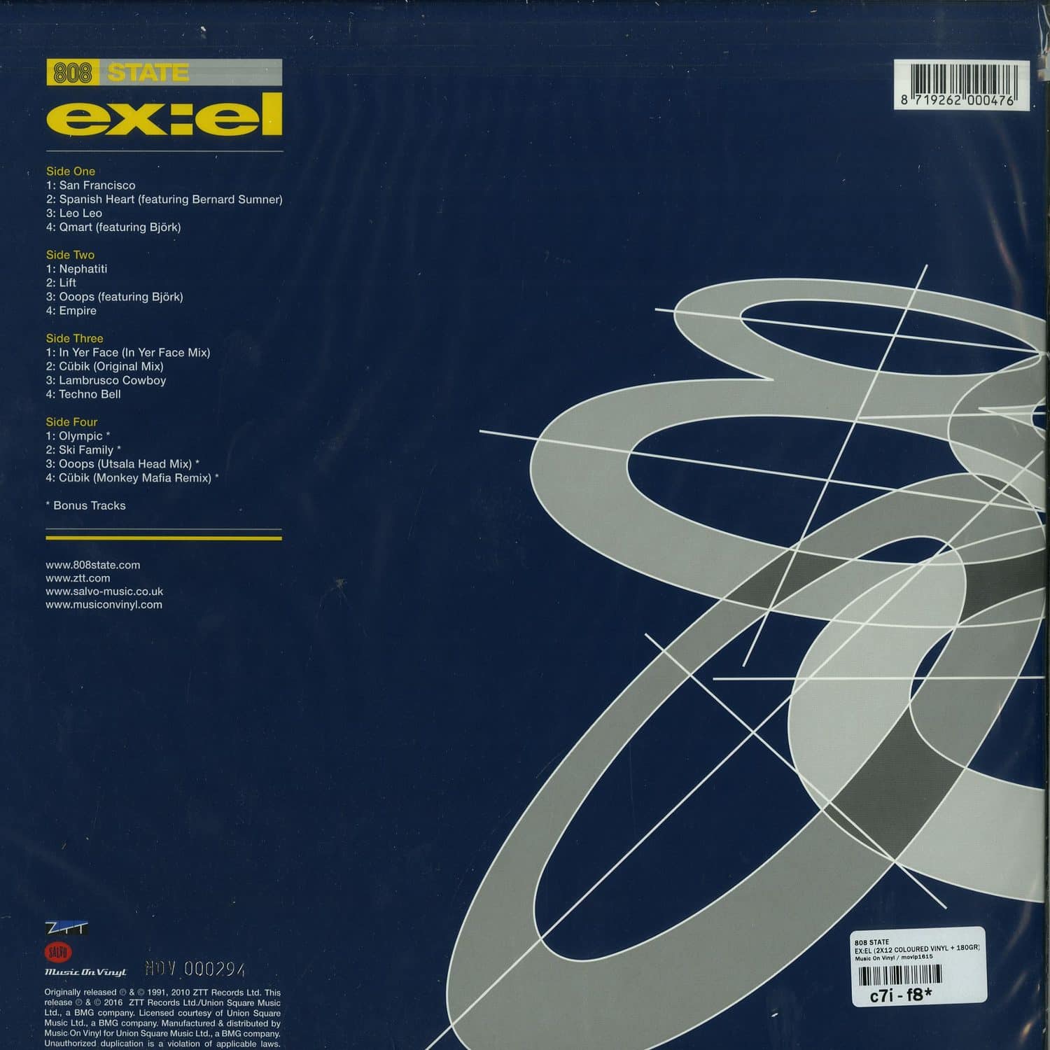 Second Hand 808 State Ex:el vinyl record back cover with album artwork and track listing in a clear, detailed image.