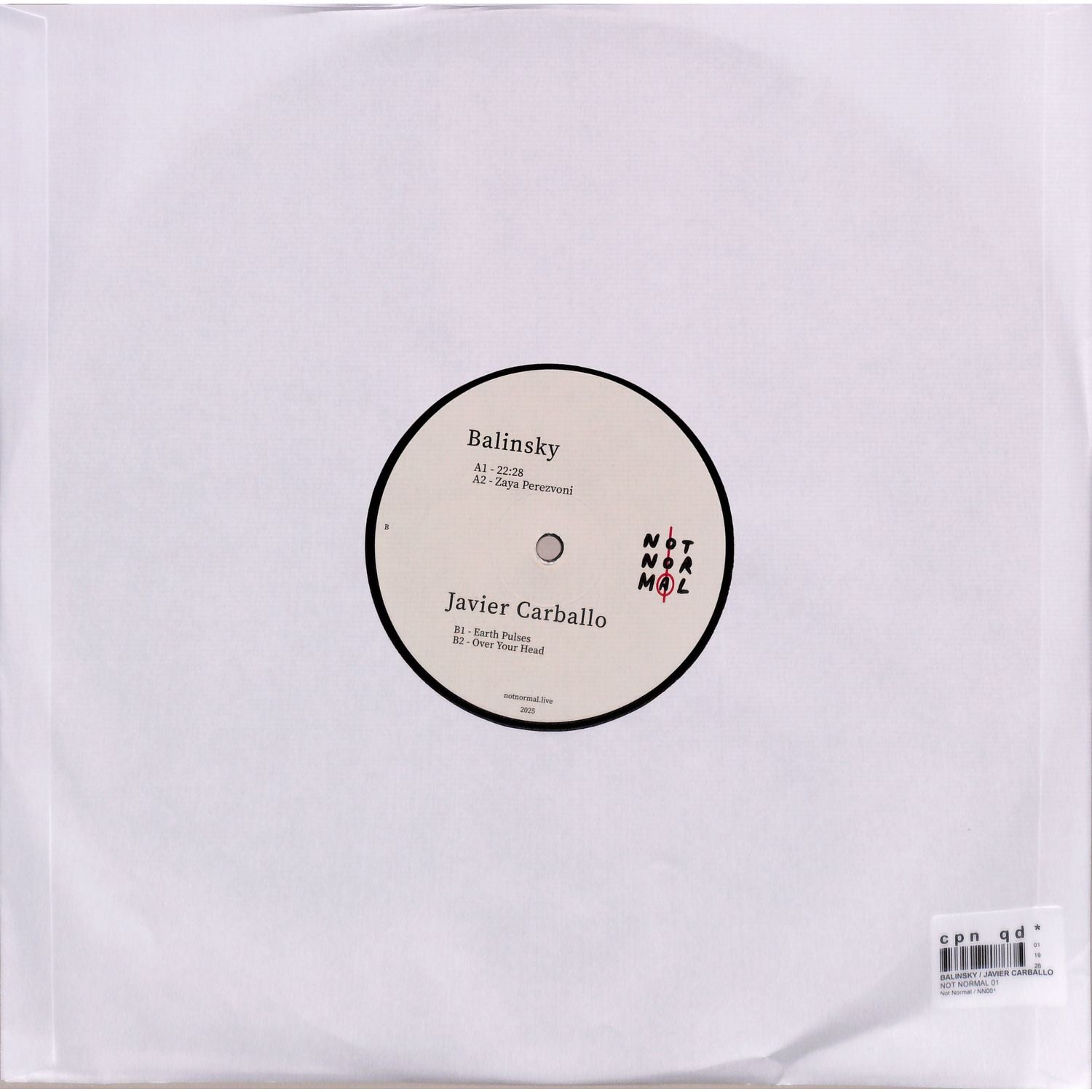 Back cover of Vinyl Future's Balinsky / Javier Carballo Not Normal 01 vinyl record with artwork and track details.