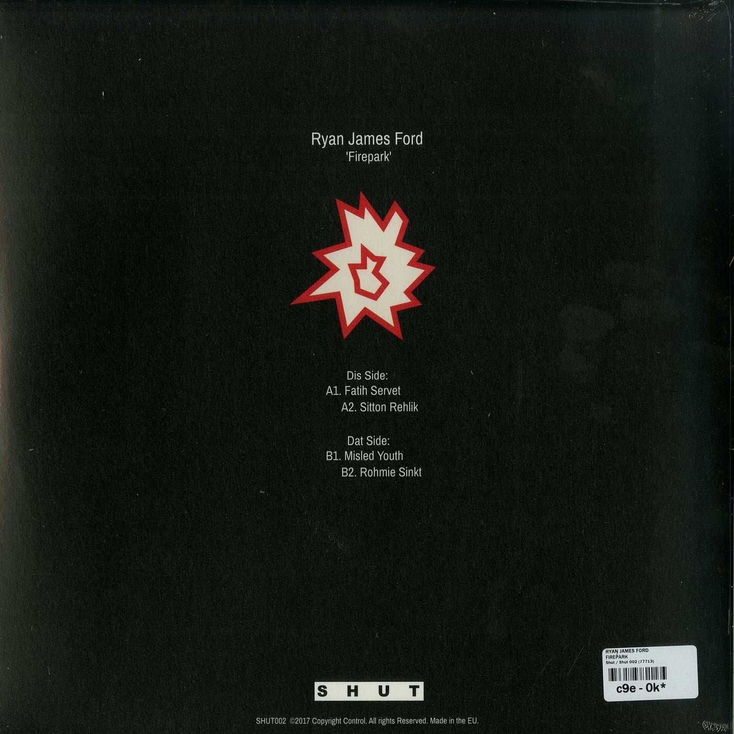 Back of Ryan James Ford Firepark vinyl record with label and artwork visible, second-hand condition, close-up shot.
