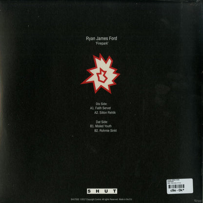 Back of Ryan James Ford Firepark vinyl record with label and artwork visible, second-hand condition, close-up shot.