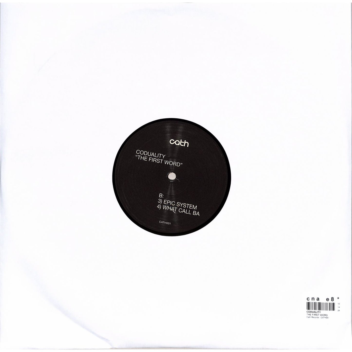 Back cover of CODUALITY vinyl record titled "The First Word," featuring dark artwork and text design on a black background.