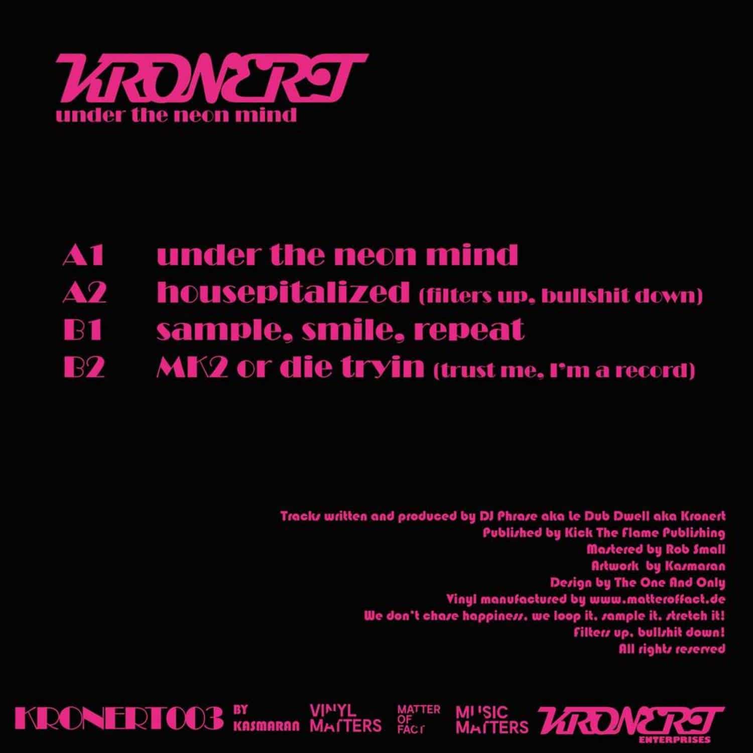 Decks vinyl record "Under the Neon Mind" by Andre Kronert, showcasing the back cover with neon-inspired artwork.