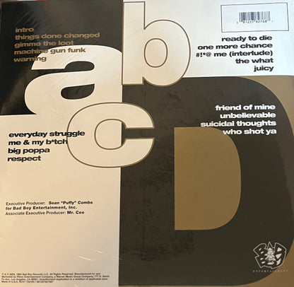 Back cover of Second Hand vinyl record "Ready to Die" by The Notorious B.I.G. featuring album artwork and track list.