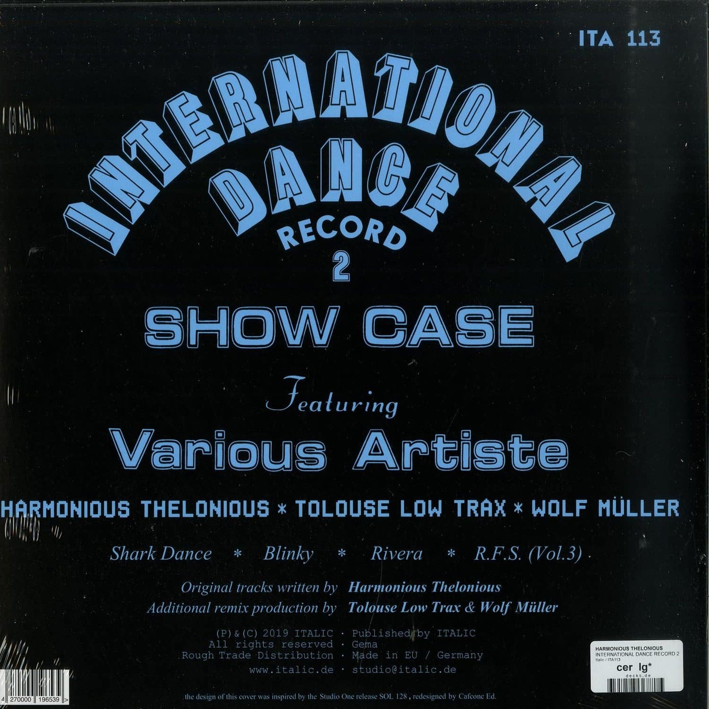Back of Second Hand vinyl record for "Harmonious Thelonious" by Tolouse Low Trax and Wolf Müller, featuring the record label and design.