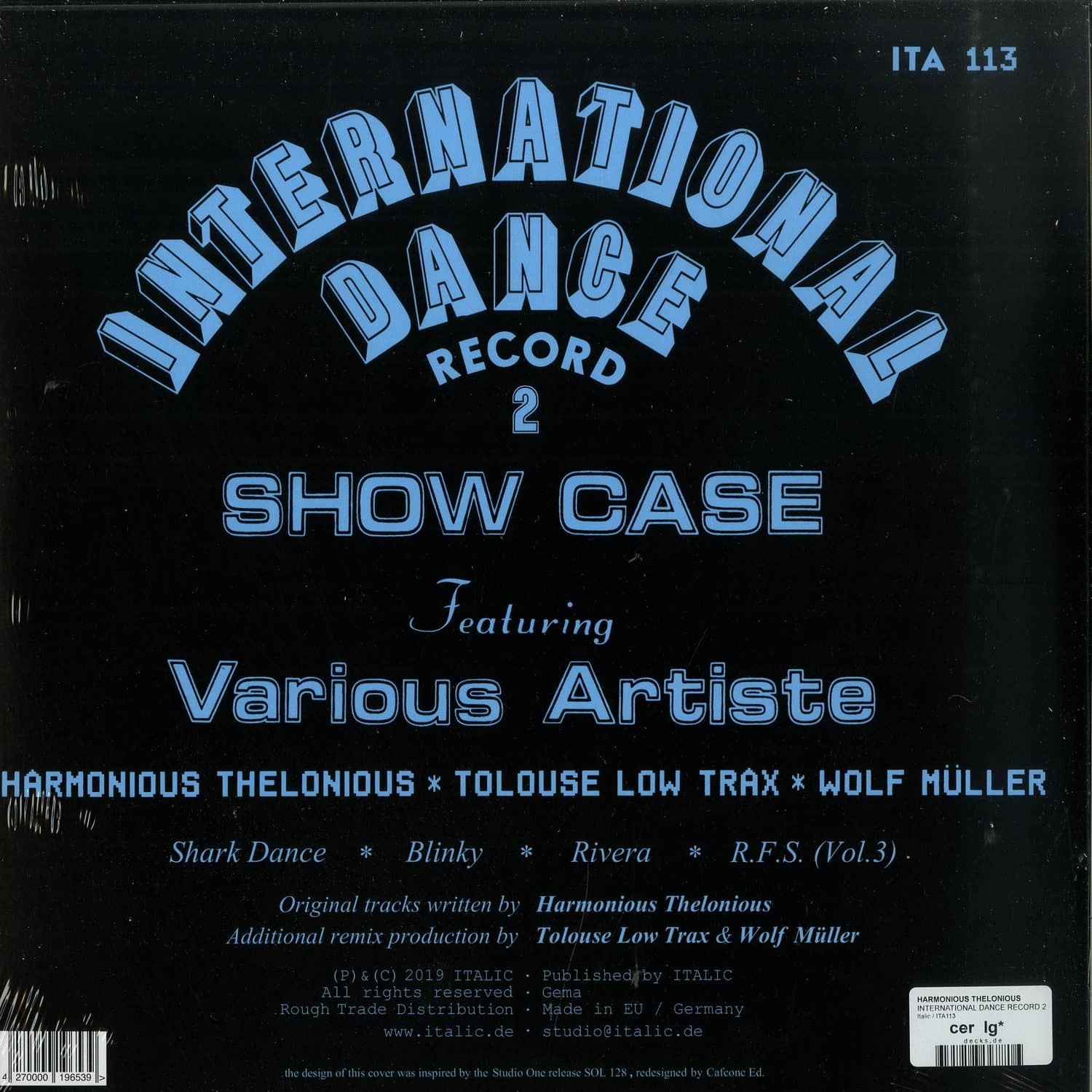 Back of Second Hand vinyl record for "Harmonious Thelonious" by Tolouse Low Trax and Wolf Müller, featuring the record label and design.