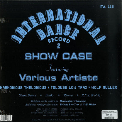 Back of Second Hand vinyl record for "Harmonious Thelonious" by Tolouse Low Trax and Wolf Müller, featuring the record label and design.