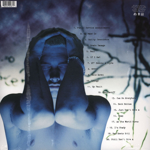 Back of second-hand Eminem The Slim Shady LP vinyl record with black and white cover art, showing the record's label and sleeve details.