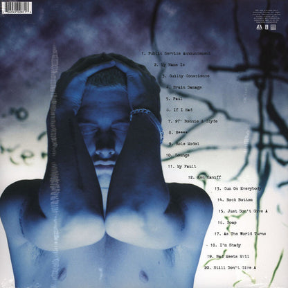 Back of second-hand Eminem The Slim Shady LP vinyl record with black and white cover art, showing the record's label and sleeve details.