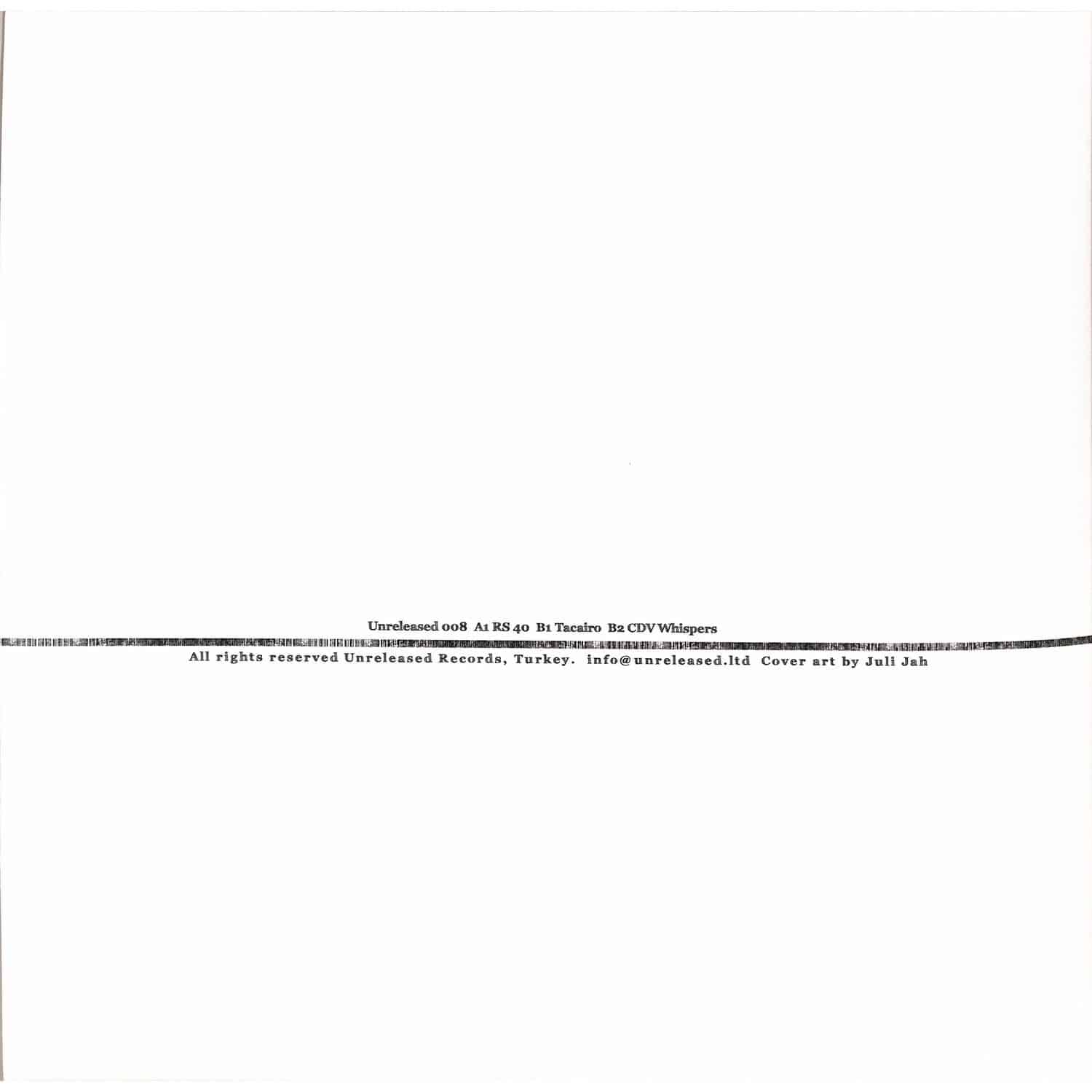 Yoyaku CESAR MERVEILLE ‎– CDV WHISPERS vinyl record with label art on a turntable, showing the back cover with track details.