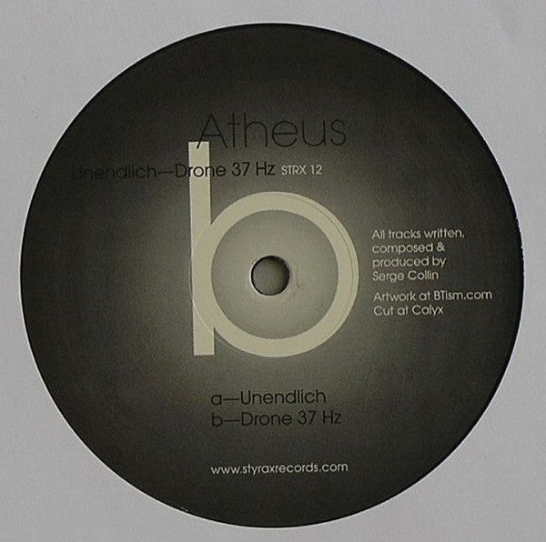 Back of Second Hand ATHEUS Unendlich / Drone 37 Hz vinyl record in a sleeve with visible label and artwork.