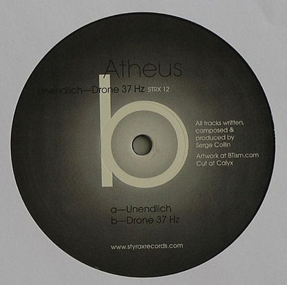 Back of Second Hand ATHEUS Unendlich / Drone 37 Hz vinyl record in a sleeve with visible label and artwork.