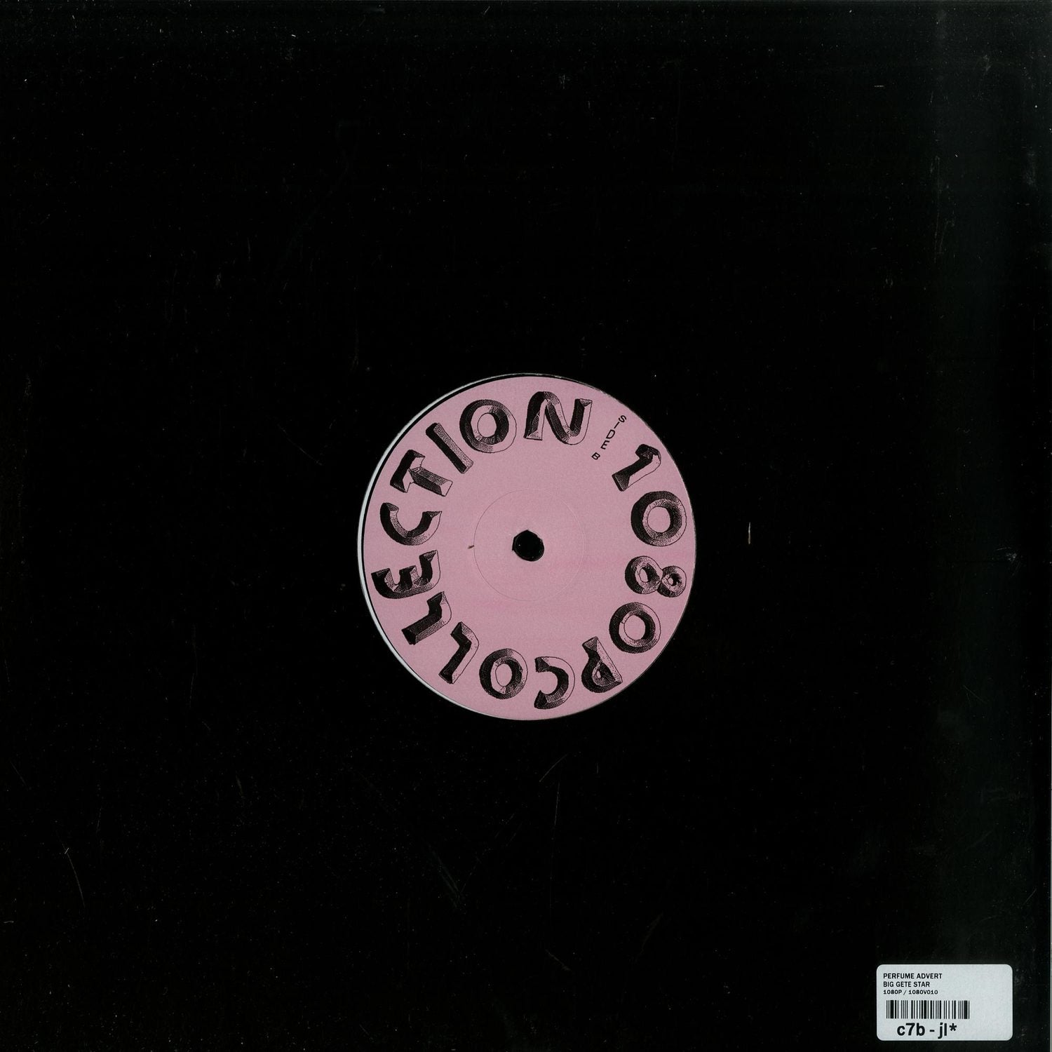 Back of vinyl record for Big Gete Star perfume advert by Second Hand, featuring colorful graphic design on the record label.
