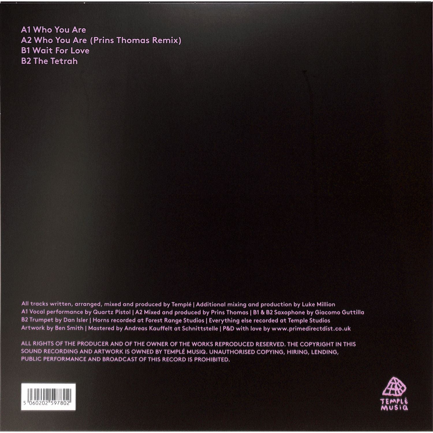 Decks vinyl record of ED TEMPLE, PRINS THOMAS – WHO YOU ARE, showing the back cover with artwork and tracklist.