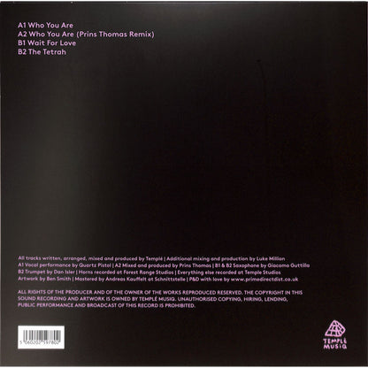 Decks vinyl record of ED TEMPLE, PRINS THOMAS – WHO YOU ARE, showing the back cover with artwork and tracklist.